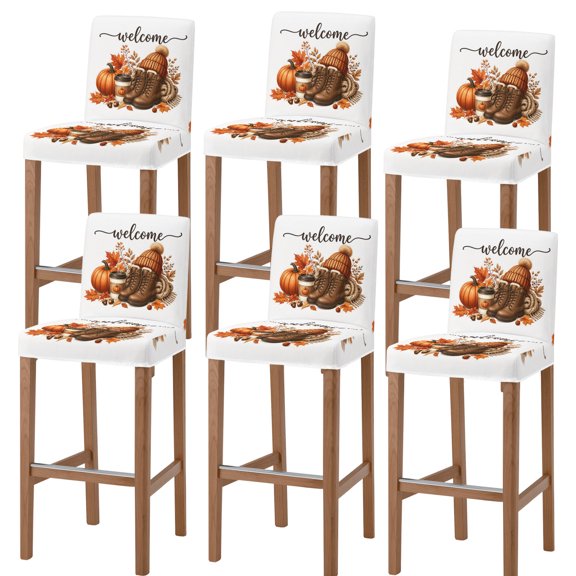 Thanksgiving Bar Stool Covers - Stretch Dining Chair Covers Set of 6, Fall Pumpkin Cup Shoes Hat Maple Leaves Bar Chair Cover Removable Counter Stool Pub Chairs Slipcovers Protectors for Kitchen/Cafe