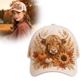 thumbnail image 1 of Thanksgiving Baseball Cap, Vintage Washed Cloth Hat With Highland Cow Pumpkin Sunflower Embroidery, Adjustable Breathable Sun Hat for Outdoor Daily Wear, Fall Holiday Gifts for Women for Her, 1 of 5