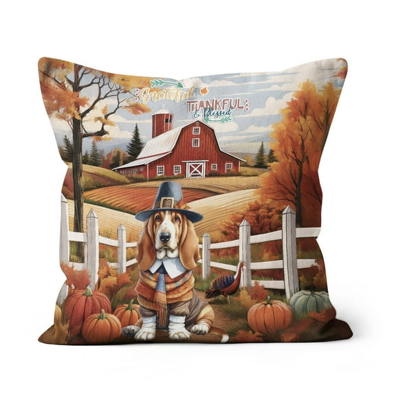 Thanksgiving Basset Hound Pilgrim Grateful, Thankful, Blessed Fall Welcome Pillow Cushion Double Sided Bassets Dog Breed Lovers Gifts Idea Throw Pillow - 00021