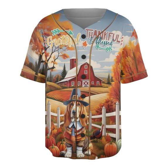 Thanksgiving Basset Hound Pilgrim Grateful, Thankful, Blessed Fall Welcome All Over Print 3D Baseball Shirt Bassets Dog Breed Lovers Gifts Idea Softball Sport - 00021