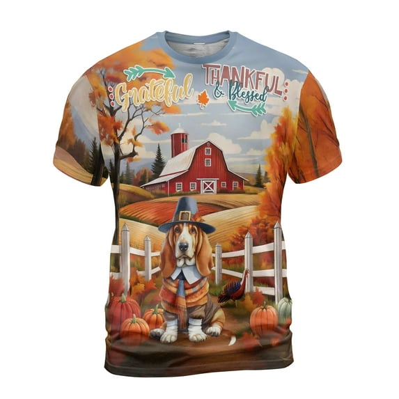 Thanksgiving Basset Hound Pilgrim Grateful, Thankful, Blessed Fall Welcome All Over Print 3D Shirt Unisex Merch Bassets Dog Breed Lovers Gifts Idea - 00021