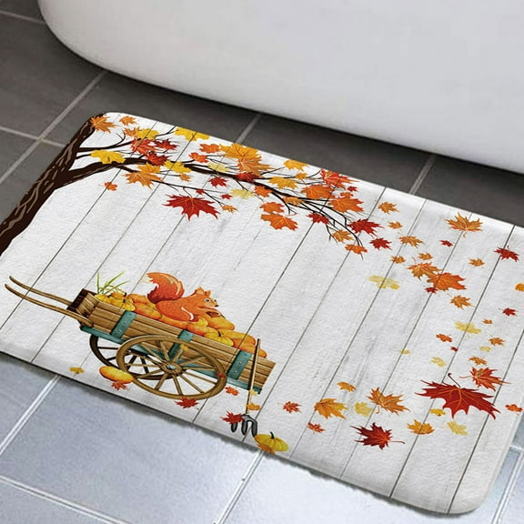 Thanksgiving Bathroom Rug Mat, Fall Pumpkin Non-Slip Bath Carpet, Farmhouse Style Bathroom Rugs Set锛?Falling Maple Leaves on Rustic Wooden Autumn Vintage Extra Soft and Absorbent Bath Rugs(19"X31")