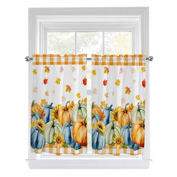 Thanksgiving Bathroom Window Curtain, Fall Orange Blue Pumpkin Maple Leaves Plaid Light Filtering Coffee Kitchen Curtains, Bedroom Living Room Curtains 2 Panel 84"x45"