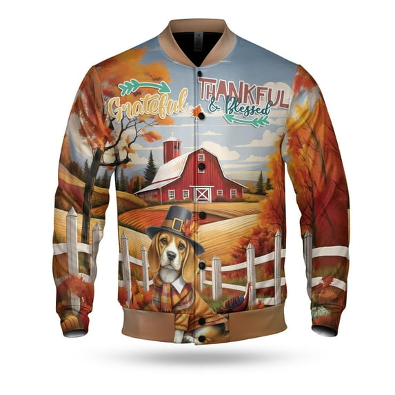 Thanksgiving Beagle Pilgrim Grateful, Thankful, Blessed Fall Welcome All Over Print 3D Baseball Jacket Beagles Dog Lover Gifts Idea Bomber Jacket Softball - 00021