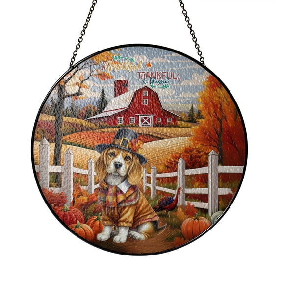 Thanksgiving Beagle Pilgrim Grateful, Thankful, Blessed Fall Welcome Stained Glass Suncatcher Beagles Dog Lover Gifts Idea Window Hanging Sign Decor - 00021