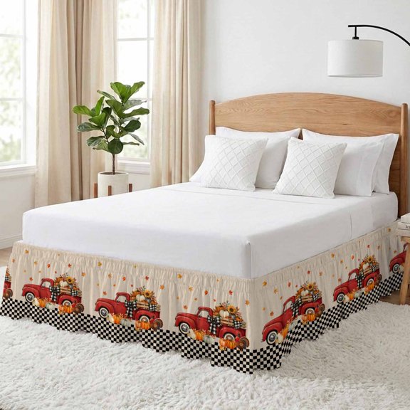 Thanksgiving Bed Skirt California King Size 18 Inch Drop, Fall Rustic Red Truck Pumpkin Maple Leaf Black Checkered Adjustable Elastic Dust Ruffles Bedskirt Wrap Around Pleated Mattress Frame Cover