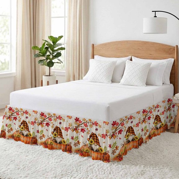 Thanksgiving Bed Skirt California King Size 18 Inch Drop, Fall Sunflower Gnome Pumpkin Leaf Linen Texture Rustic Adjustable Elastic Dust Ruffles Bedskirt Wrap Around Pleated Mattress Frame Cover