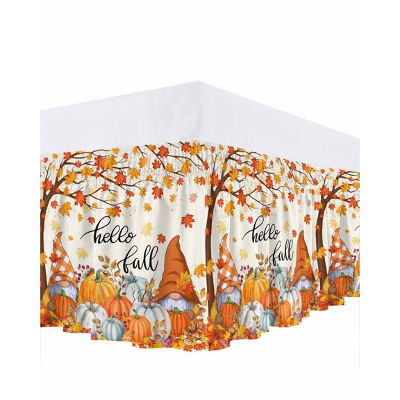 Thanksgiving Bed Skirt Gnome Pumpkin Maple Leaf Hello Fall Country Bed Skirts Queen Size 18 Inch Drop, Wrap Around Dust Ruffle&nbsp;Bedskirt with Adjustable Elastic Belt for Queen Size Beds