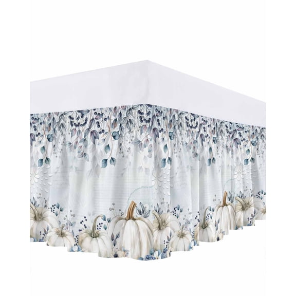Thanksgiving Bed Skirt King Size 18 Inch Drop, Blue Leaf Berry Pumpkin Autumn Flower Wrap Around Dust Ruffle Bedskirts, Wrinkle & Fade Resistant Easy Fit Bedskirt with Adjustable Elastic