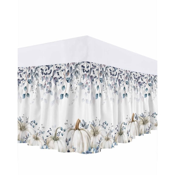 Thanksgiving Bed Skirt Queen Size 16 Inch Drop, Blue Leaf Berry Pumpkin Autumn Wrap Around Dust Ruffle Bedskirts, Wrinkle & Fade Resistant Easy Fit Bedskirt with Adjustable Elastic
