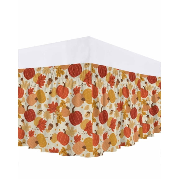 Thanksgiving Bed Skirt Queen Size 16 Inch Drop, Cartoon Pumpkin Maple Leaf Fall Farm Wrap Around Dust Ruffle Bedskirts, Wrinkle & Fade Resistant Easy Fit Bedskirt with Adjustable Elastic
