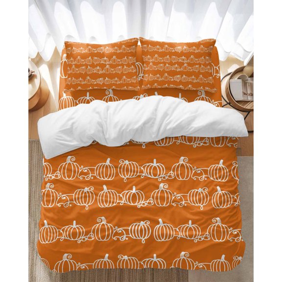 Thanksgiving Bedding Duvet Cover Set Twin Size 4 Pieces Fall Line Pumpkin Orange Background Bedding Set with Zipper Closure, 1 Comforter Cover 68x90 Inches 1 Flat Sheet & 2 Pillow Cases