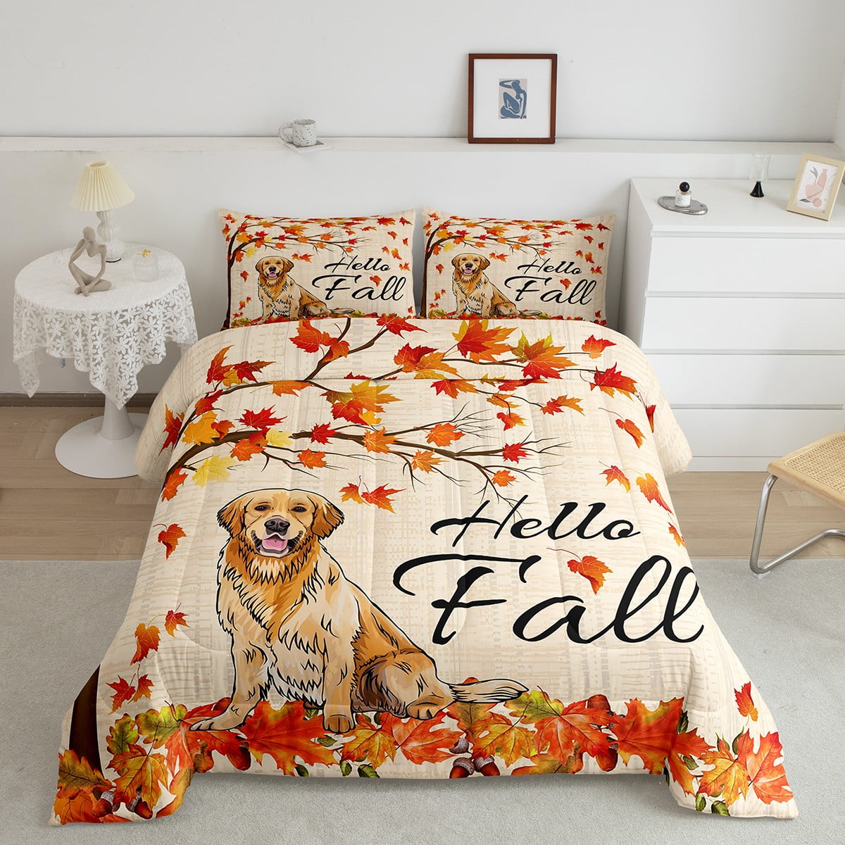 Thanksgiving Bedding Queen Size Cute Pet Dog Print Comforter Set Happy