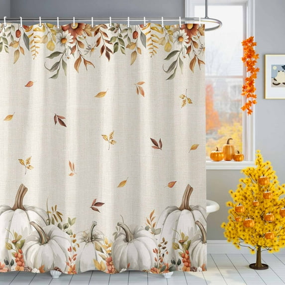 Thanksgiving Beige Pumpkin Shower Curtains for Bathroom, Fallen Leaves Flower Vintage Linen Waterproof Fabric Shower Curtain for Bathroom Bathtub Decoration, Machine Washable, 54x"78"