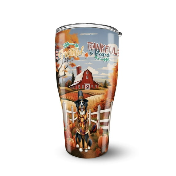 Thanksgiving Bernese Mountain Dog Pilgrim Grateful, Thankful, Blessed Fall Welcome 30oz Stainless Steel Tumbler Insulated Cup with Lid Berner Lover Gifts - 00021
