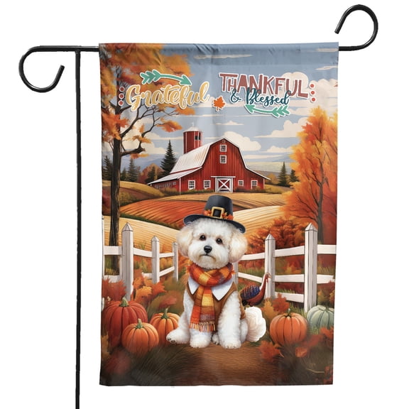 Thanksgiving Bichon Frise Pilgrim Grateful, Thankful, Blessed Fall Welcome Garden Flag 12x18in Double Sided Bichons Dog Lovers Gifts Idea Outdoor Decor - 00021