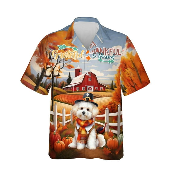 Thanksgiving Bichon Frise Pilgrim Grateful, Thankful, Blessed Fall Welcome Hawaiian Shirt Breathable Summer Unisex Merch Bichons Dog Lovers Gifts Idea - 00021