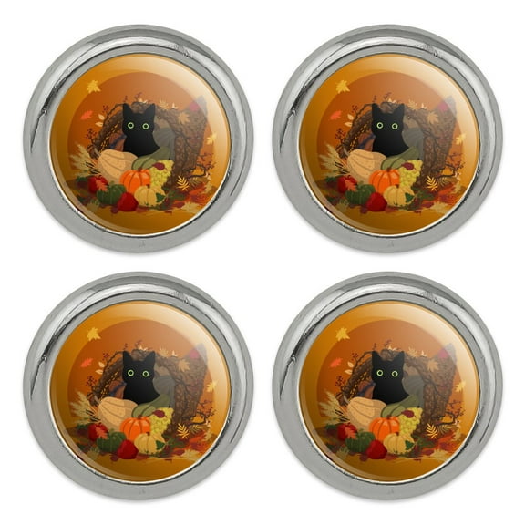 Thanksgiving Black Cat Hiding In Cornucopia with Pumpkins Metal Craft Sewing Novelty Buttons - Set of 4