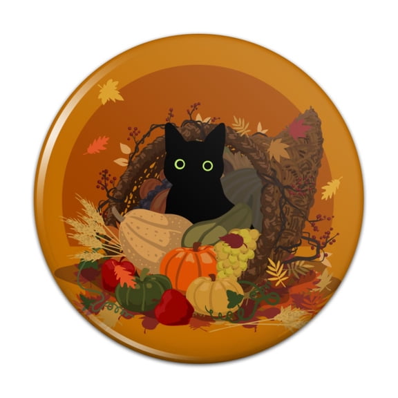 Thanksgiving Black Cat Hiding In Cornucopia with Pumpkins Pinback Button Pin