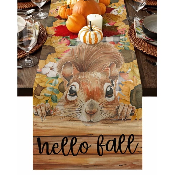 Thanksgiving Black Plaid Squirrel Table Runner-Cotton Linen- 120 Inch Holiday Dresser Scarves, Fall Animal Eucalyptus Sunflower Tablerunner for Kitchen Coffee/Dining Dinner Scarf Décor 13x120