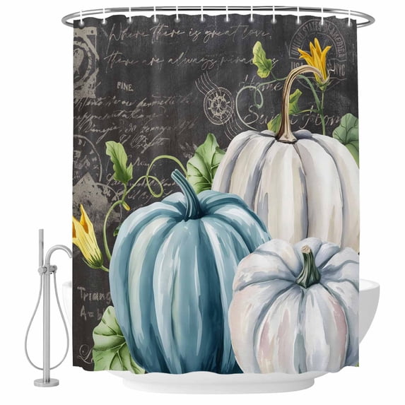 Thanksgiving Black Shower Curtain, Waterproof Shower Curtains for Bathroom, Fall White Blue Pumpkin Leaves Floral Washable Fabric Bathtub Curtain Set Bath Decor with 12 Hooks Stall 36"x72"