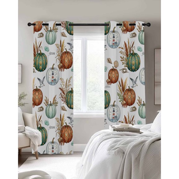 Thanksgiving Blackout Curtains 2 Panels, Nautical Pumpkin Lighthouse Pumpkin Shell Coral Bird Thermal Insulated Grommet Window Curtains for Bedroom Living Room 42"x45"