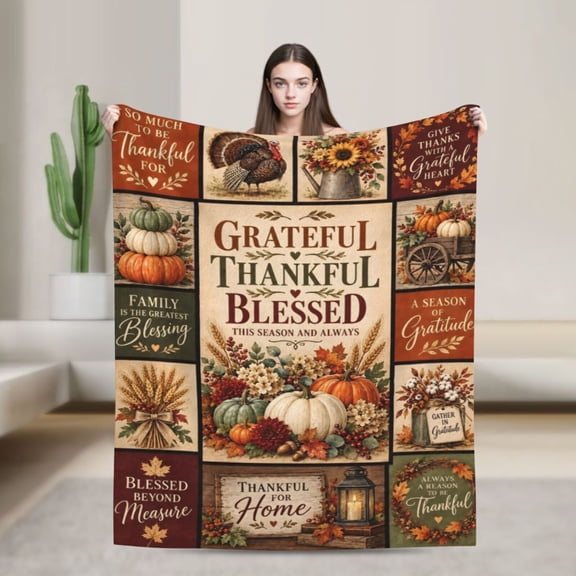 Thanksgiving Blanket Grateful Harvest Flannel Throw Blanket Gift for Family Home 50x40 in
