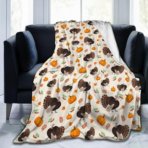 Thanksgiving Blanket Pumpkin and Turkey Flannel Blanket Soft Cozy Throw Blankets for Bed Sofa Couch Office Travel All Season 80"X60"