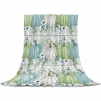 Thanksgiving Blue Green Pumpkin Autumn Leaves Wood Grain Throw Flannel Blanket 32x48In Super Soft Cozy Bed Blanket, Lightweight Plush Fuzzy Bed Throw for Bedroom Sofa Couch Living Room