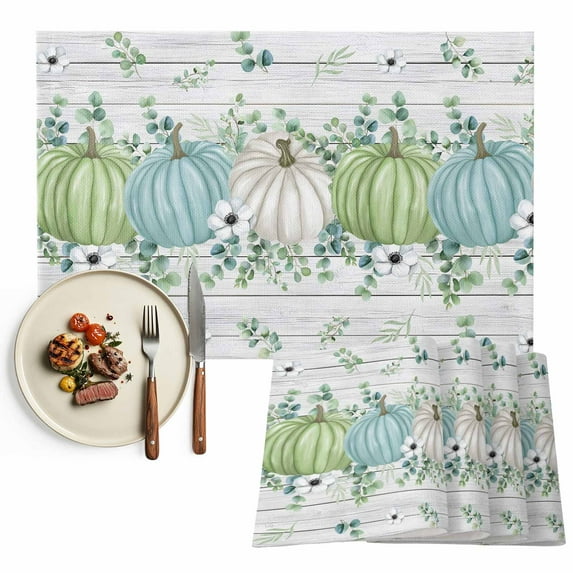 Thanksgiving Blue Placemats Set of 8 Green Pumpkin Autumn Leaves Wood Grain Heat Insulated Linen Place Mats, Washable Stain-Proof Table Mats for Dining Tables Holiday Decor 13x19inch