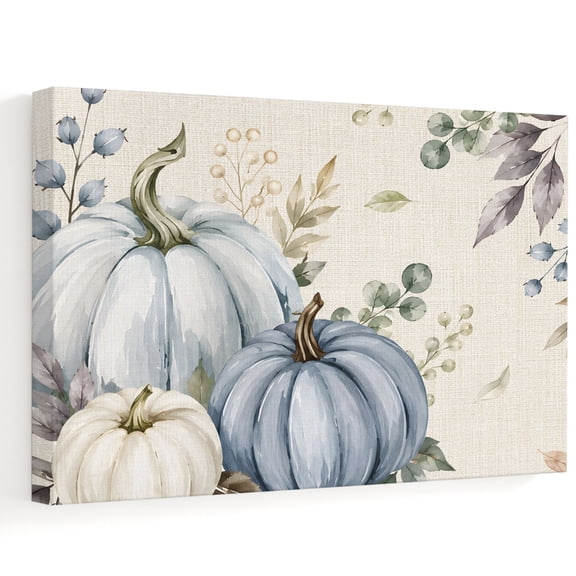 Thanksgiving Blue Pumpkin Canvas Wall Art 10" x 8" Fall Vintage Harvest Green Eucalyptus Leaf Frame Picture Prints, Ready to Hang Waterproof Artwork Decor for Bathroom, Kitchen Small Wall Spaces