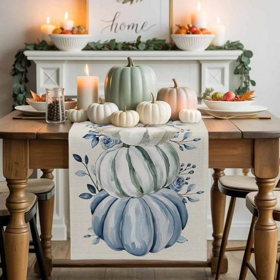 Thanksgiving Blue Pumpkin Cotton Linen Table Runner, Washable Table Runners for Kitchen, Dining Room, Holiday, Home Party Table Decor, 13x36 Inches