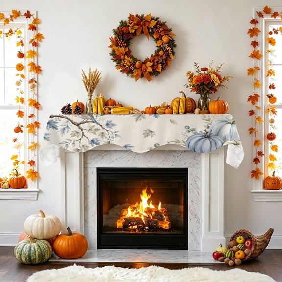 Thanksgiving Blue Pumpkin Fireplace Mantel Scarf, Fall Country Vintage Bird Tree Leaf Mantel Scarf Scarves Fireplace Top Runner Cover for Holiday Party Home Decorations 70x17in