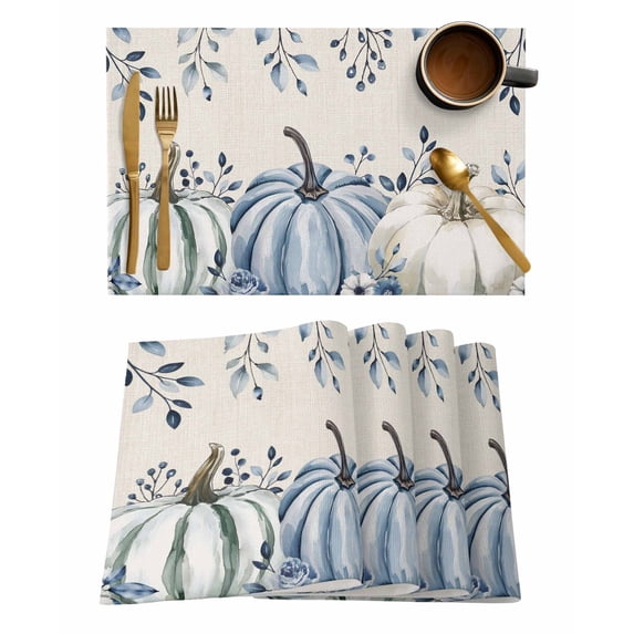 Thanksgiving Blue Pumpkin Placemats Set of 12 Fall Eucalyptus Leaf Linen Heat Insulation Washable Place Mats, Rustic Non-Slip Table Mats for Dining Table Party Kitchen Decor,13x19 Inch