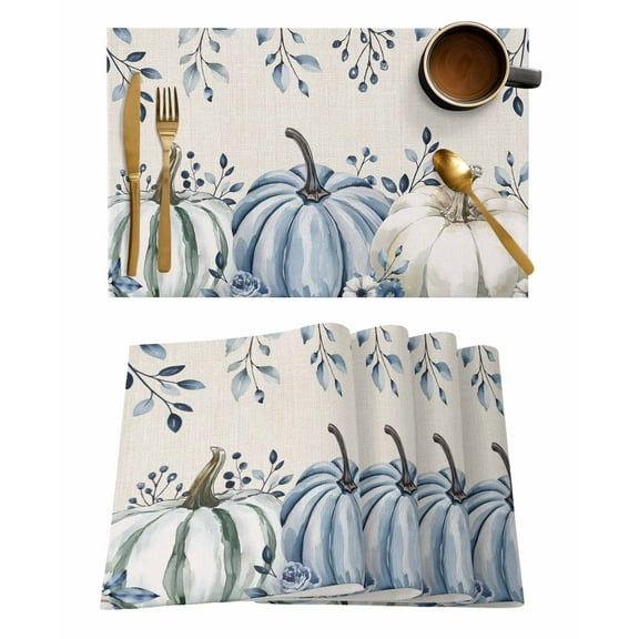 Thanksgiving Blue Pumpkin Placemats Set of 6 Fall Eucalyptus Leaf Linen Heat Insulation Washable Place Mats, Rustic Non-Slip Table Mats for Dining Table Party Kitchen Decor,13x19 Inch