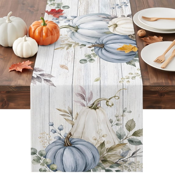 Thanksgiving Blue Pumpkin Table Runner - 120 Inch Long Wooden Autumn Maple Leaf Fall Cotton and Linen Blended Dress Scarves Farmhouse Table Runner for Kitchen Dining, Coffee Table, 13" x 120"