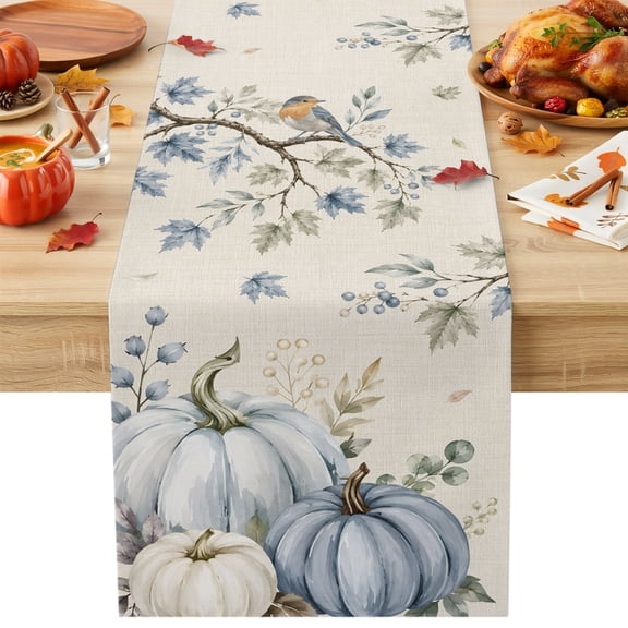 Thanksgiving Blue Pumpkin Table Runner 13x36 Inch Fall Country Vintage Bird Tree Leaf Cotton Linen Dining Table Runner Ideal for Dresser Kitchen Coffee Tables - Machine Washable