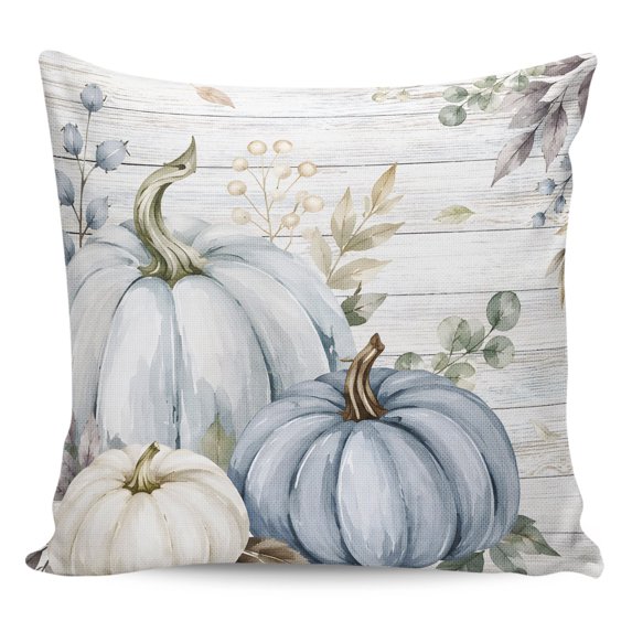 Thanksgiving Blue Pumpkin Throw Pillow 16x16 Inch, Wooden Autumn Maple Leaf Fall Waterproof Outdoor Pillow Covers with Insert, Decorative Pillowcase Cushion for Couch, Sofa, Bed, Patio, Garden