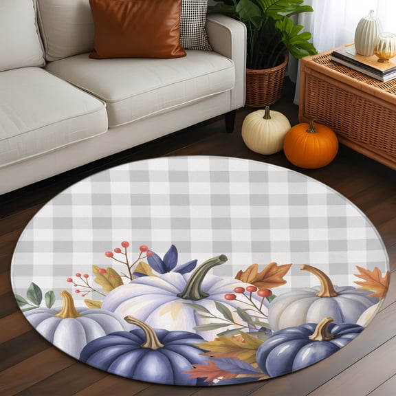 Thanksgiving Blue Pumpkins Round Area Rug 3ft,Living Room Rug Non-Slip Washable Circle Rugs Pad,Fall Maple Leaf on Plaid Soft Floor Carpet for Bedroom Dining Room