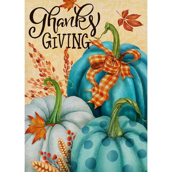 Thanksgiving Blue Teal White Pumpkin Small Decorative Garden Flag, Polka Dots Yard Outside Decorations, Fall Autumn Farmhouse Burlap Outdoor Decor Double Sided 12 x 18