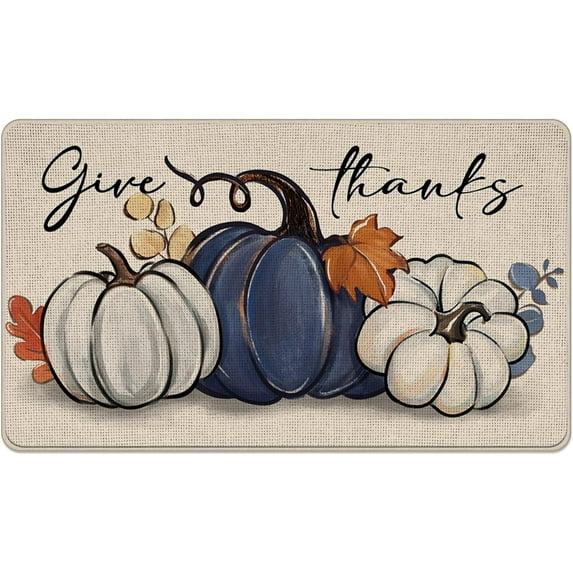 Thanksgiving Blue White Pumpkin Decorative Front Door Mat, Fall Give Thanks Doormat Indoor Outdoor Non-Slip Floor Entryway Rug, Autumn Seasonal Home Kitchen Decoration 17x30 Inch