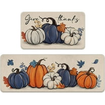 Thanksgiving Blue White Pumpkin Kitchen Rugs Set of 2, Fall Give Thanks Maple Leaves Kitchen Mats Decor, Autumn Seasonal Floor Door Mat Home Decorations - 17x29 and 17x47 Inch