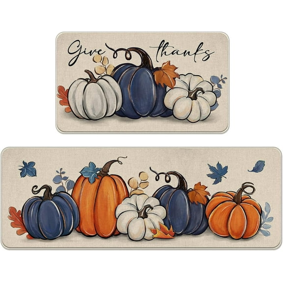 Thanksgiving Blue White Pumpkin Kitchen Rugs Set of 2, Fall Give Thanks Maple Leaves Kitchen Mats Decor, Autumn Seasonal Floor Door Mat Home Decorations - 17x29 and 17x47 Inch