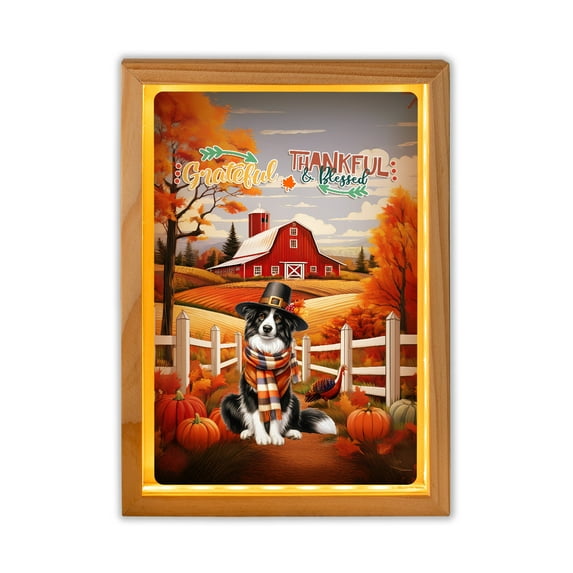 Thanksgiving Border Collie Pilgrim Grateful, Thankful, Blessed Fall Welcome Acrylic Plaque with Wood Photo Frame Box Borders Dog Lovers Gifts Idea Light Box - 00021