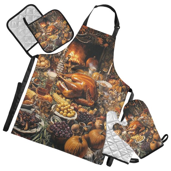 Thanksgiving Bountiful Dinner Oven Mitts and Pot Holders with Chef Apron Set 5 Pcs Kitchen Cooking Set
