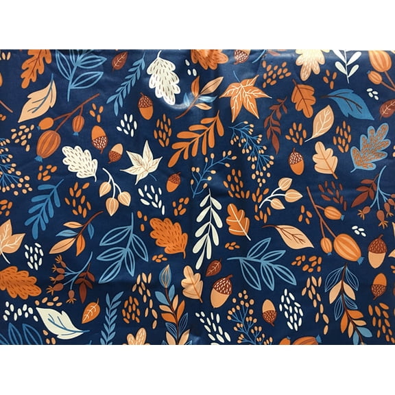 Thanksgiving Bountiful Harvest Vinyl Tablecloth Autumn Leaves Acorns on Navy Background (52"x52" Square)