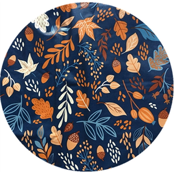 Thanksgiving Bountiful Harvest Vinyl Tablecloth Autumn Leaves Acorns on Navy Background (60" Round)