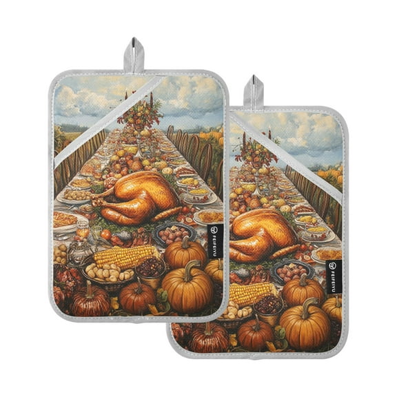 Thanksgiving Bountiful Supper Oven Mitts Pot Holders 2 pcs Heat Resistant for Kitchen Baking Grilling