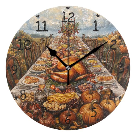 Thanksgiving Bountiful Supper Round Wall Clock Silent Battery Operated Home Decor for Living Room Bedroom