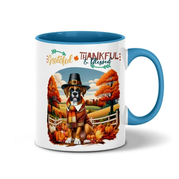 Thanksgiving Boxer Pilgrim Grateful, Thankful, Blessed Fall Welcome 11oz Accent Two-tone Mug Boxers Dog Lover Gifts Idea Coffee Tea Cup - 00021